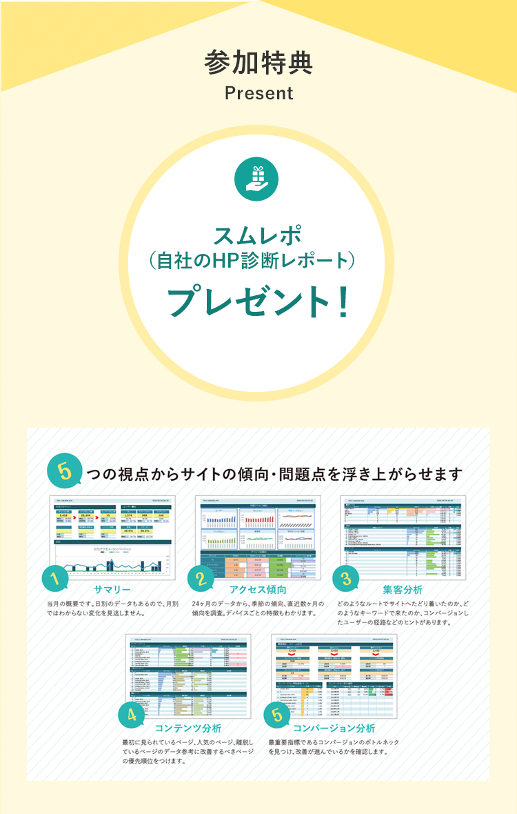 参加特典 スムレポ(自社のHP診断レポート)と成功企業インタビューのプレゼント